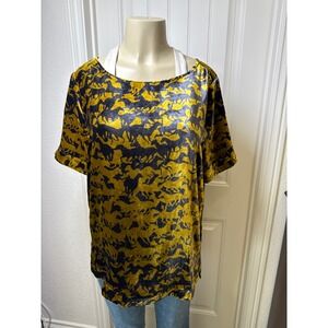 Sundance Horse Print Velvet Burnout Top Gold Navy Short Sleeve Silk Women's L